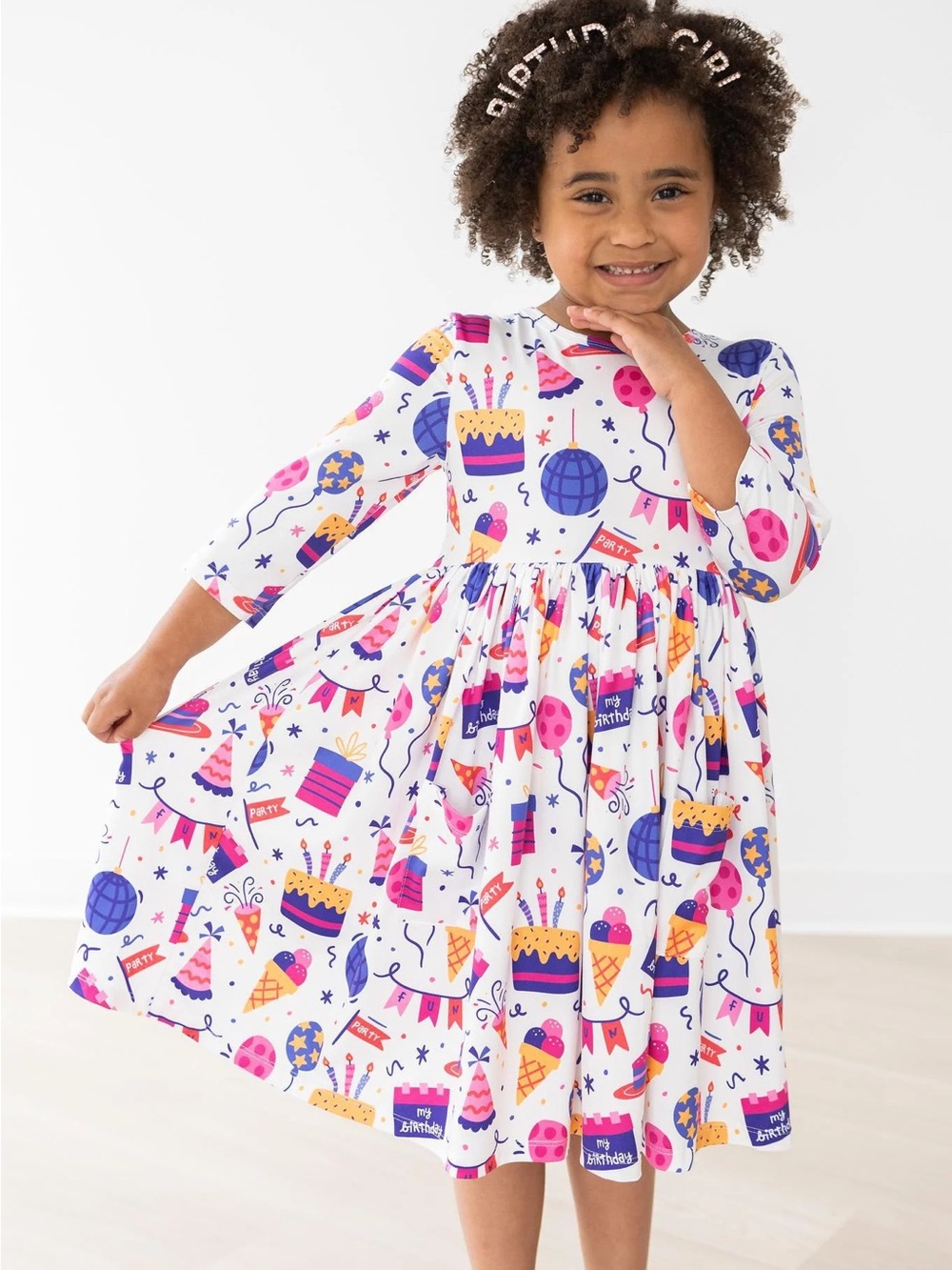 Mila & Rose Girls White Birthday Party Print Twirl Dress
